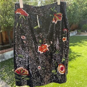 NWT Maeve Black Sequin Pencil Skirt with Red & Green Floral Embroidery